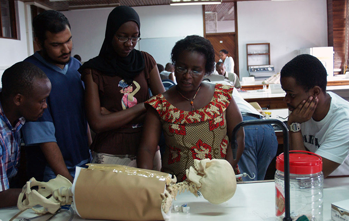 A Muhimbili University of Health and Allied Sciences (MUHAS) faculty member shows medical students how to do a chest tube insertion as part of an Essential Surgical Skills Training and pilot study conducted by Stephanie Tache in conjunction with the MUHAS Department of Surgery.