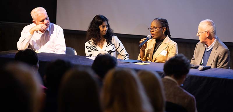 Panel 1 from left-to-right: Dean Jamison, PhD, MS, IGHS; Shuchi Anand, MD, MS, Stanford University; Justina Seyi-Olajide, MBBS, FWACS, Lagos University Teaching Hospital; and Stefano Bertozzi, PhD, MD, UC Berkeley School of Public Health